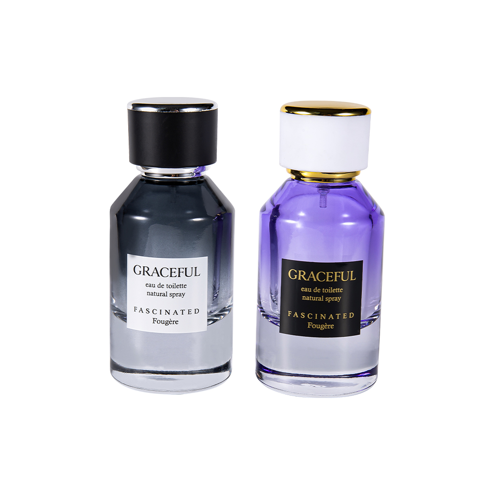 GC4416-WJ2098 Chai nước hoa thủy tinh in tráng 50ML có da, nắp nhựa ABS, lớp lót PP chống tia cực tím