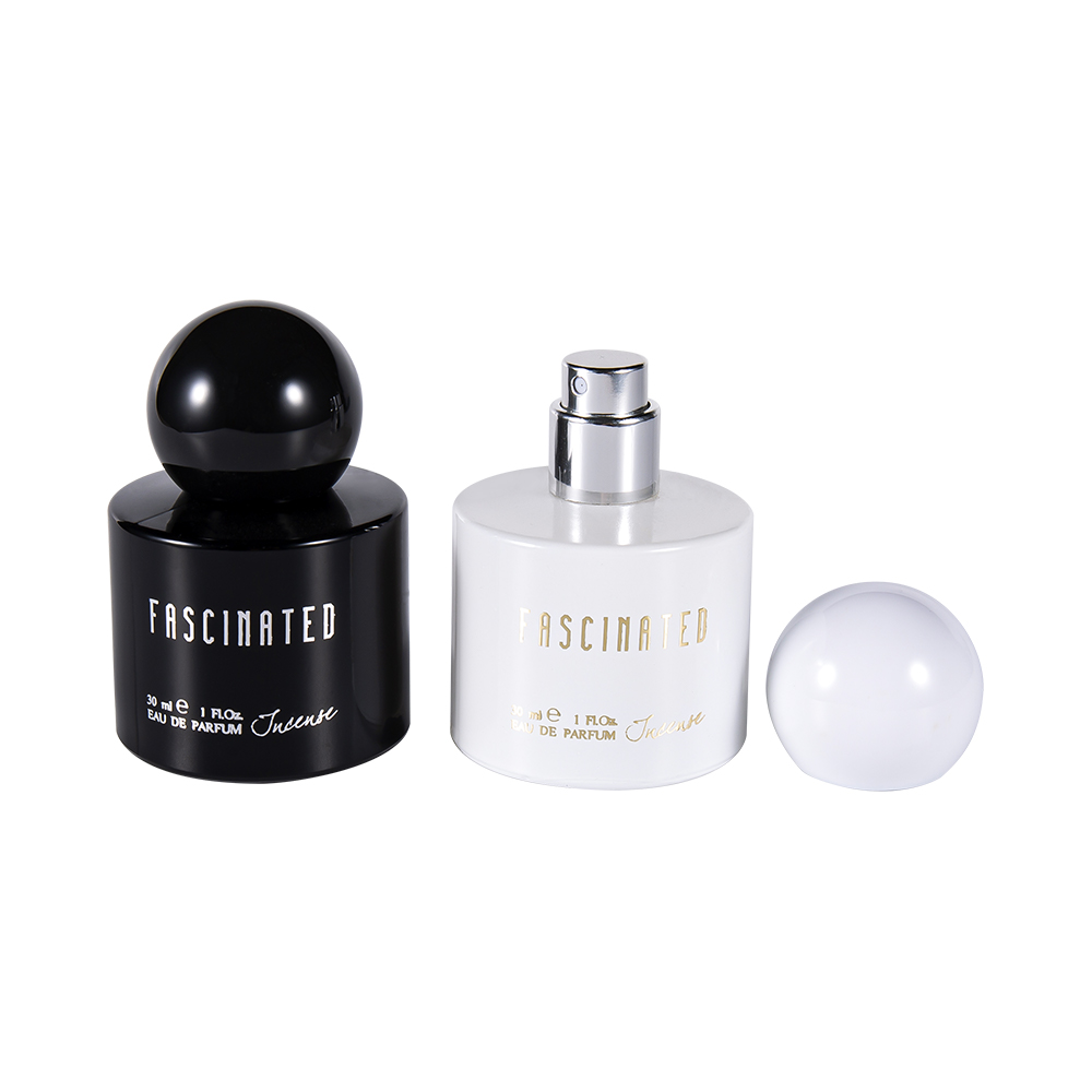 GC4748-WJ2537 Chai nước hoa thủy tinh tráng lá vàng hình trụ 30ML có nắp nhựa PP hình cầu