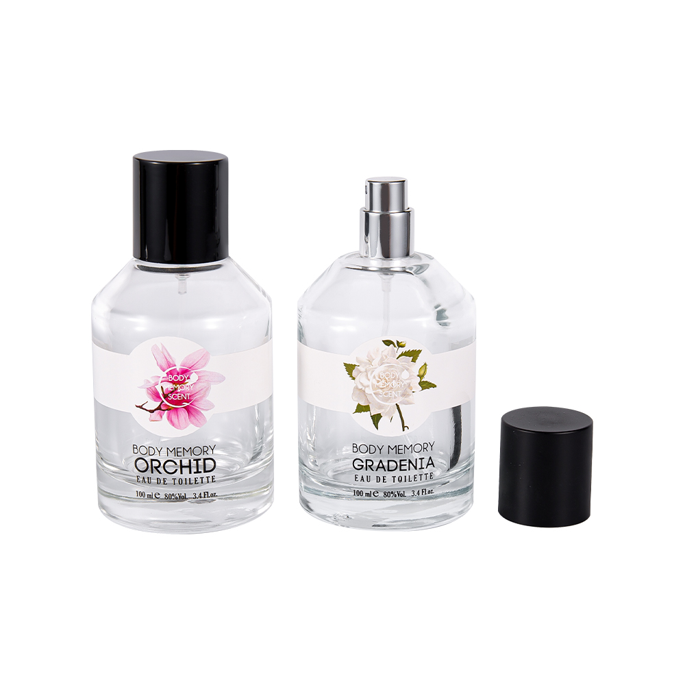 KY1603-WJ2388 Chai nước hoa thủy tinh in nhãn dán 100ML có nắp PP màu đen mờ hình trụ